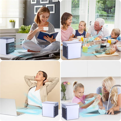 Enfriador de aire personal, ventilador portátil USB con 3 velocidades y luz LED, mini humidificador para habitación, oficina y dormitorio