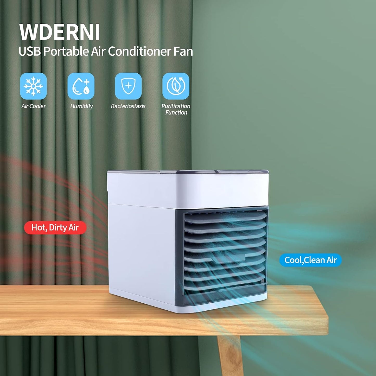Enfriador de aire personal, ventilador portátil USB con 3 velocidades y luz LED, mini humidificador para habitación, oficina y dormitorio