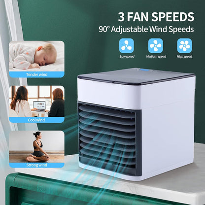 Enfriador de aire personal, ventilador portátil USB con 3 velocidades y luz LED, mini humidificador para habitación, oficina y dormitorio