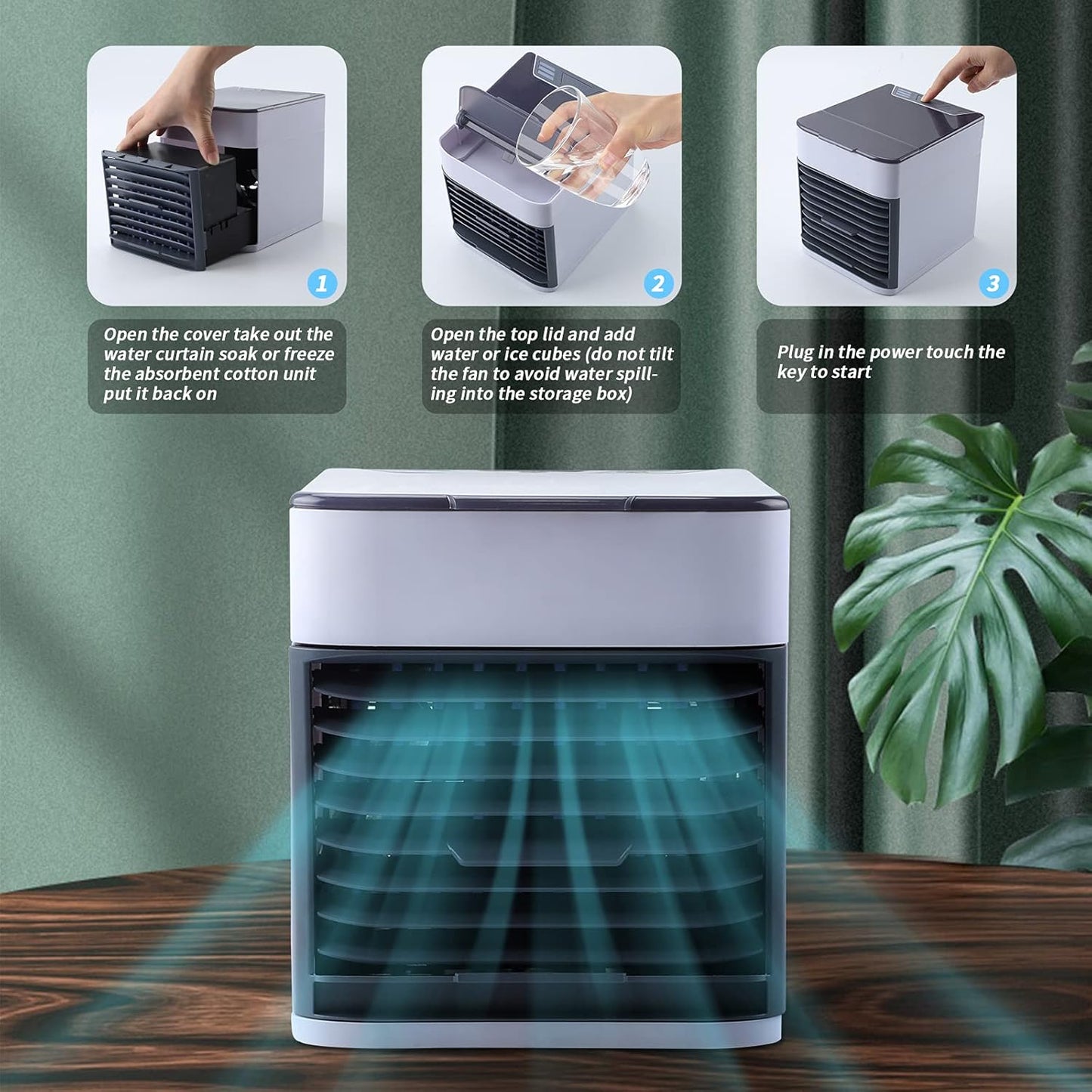 Enfriador de aire personal, ventilador portátil USB con 3 velocidades y luz LED, mini humidificador para habitación, oficina y dormitorio