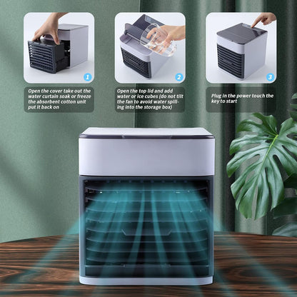 Enfriador de aire personal, ventilador portátil USB con 3 velocidades y luz LED, mini humidificador para habitación, oficina y dormitorio