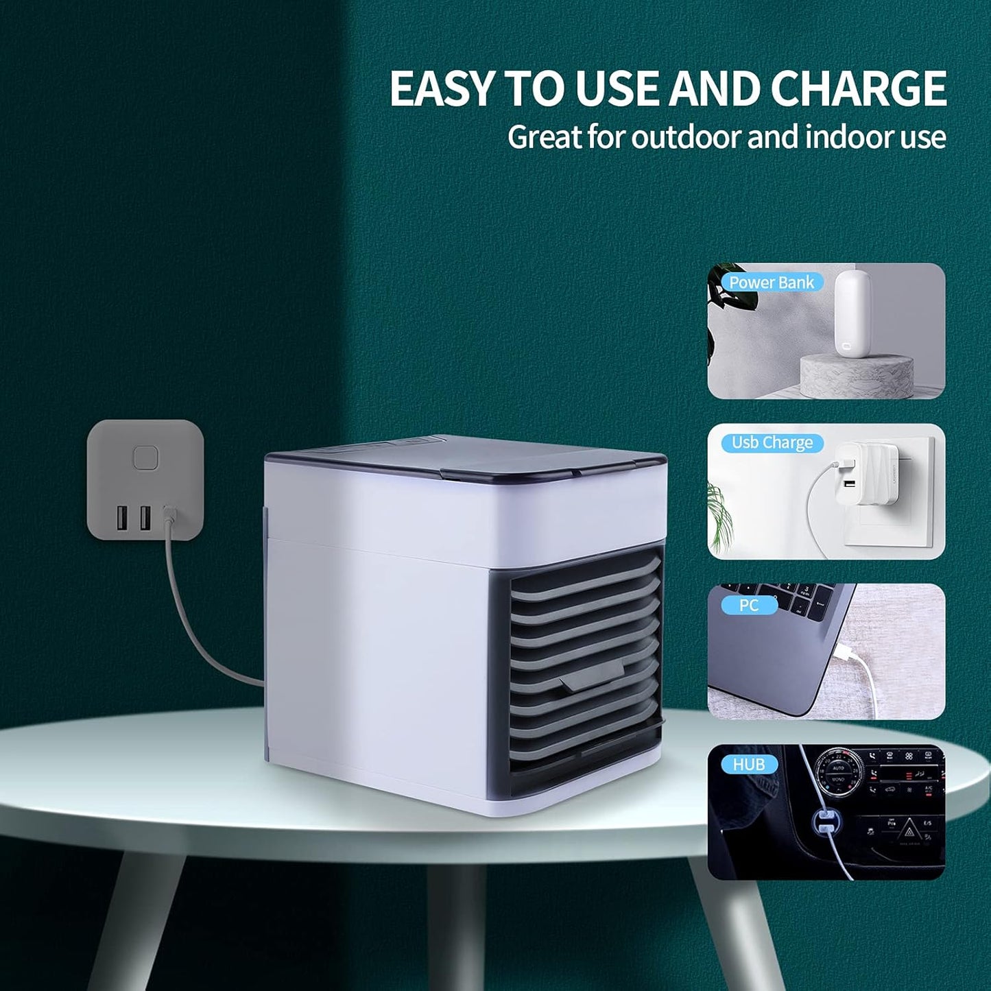 Enfriador de aire personal, ventilador portátil USB con 3 velocidades y luz LED, mini humidificador para habitación, oficina y dormitorio